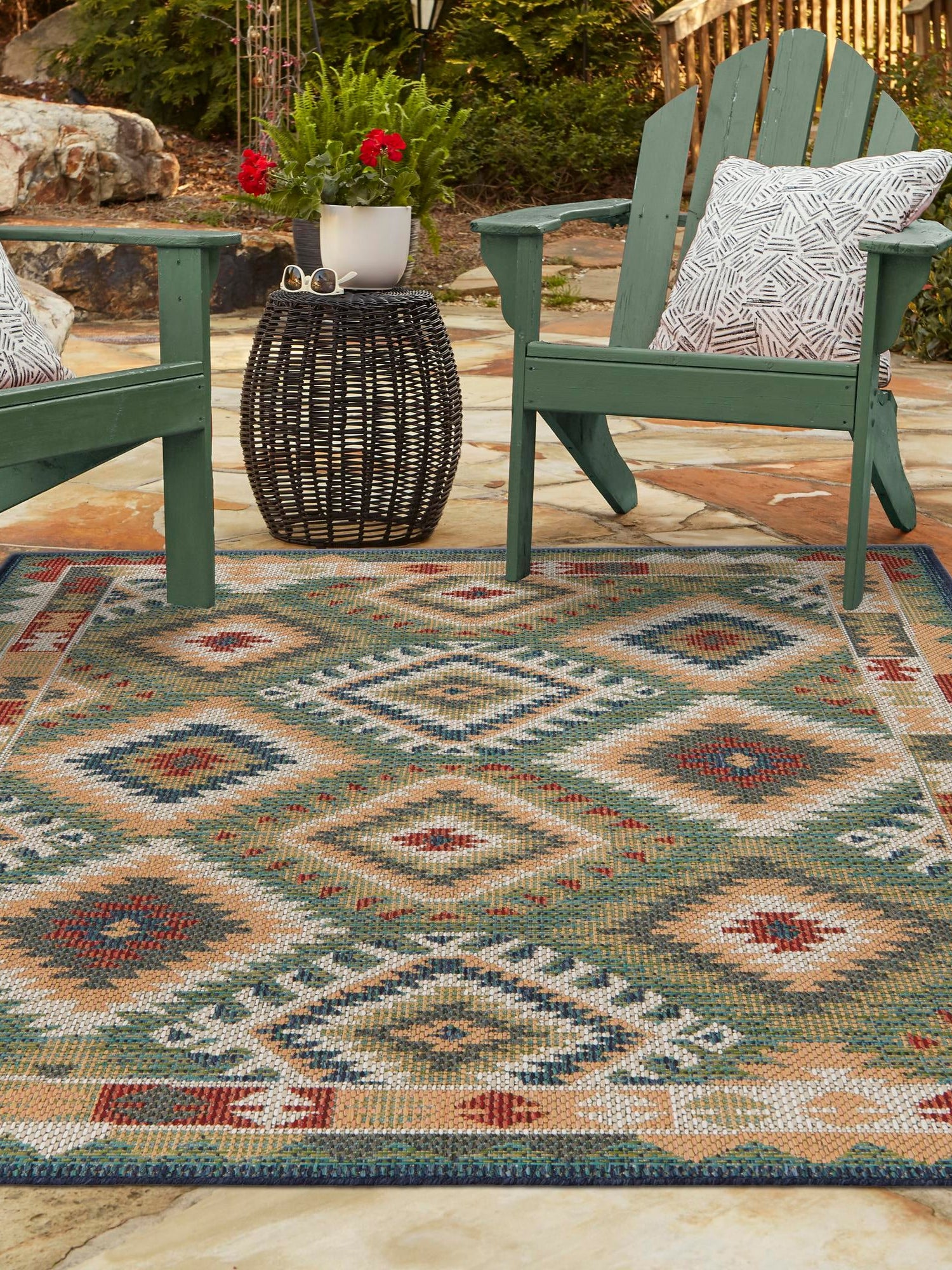 Green 5' 3 x 7' 7 Baja Outdoor Rectangle Area Rug Weather Resistant for Patio, Deck, Terrace, Balcony, Porch 100% Polypropylene Modern Outside Decor for Sale at Rug Engine