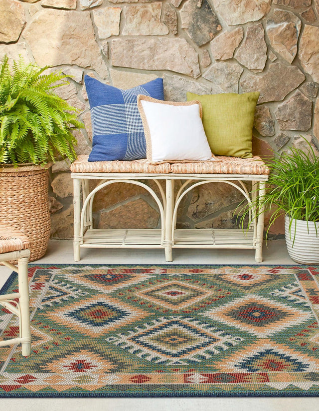 Green 5' 3 x 5' 3 Baja Outdoor Square Area Rug Weather Resistant for Patio, Deck, Terrace, Balcony, Porch 100% Polypropylene Modern Outside Decor for Sale at Rug Engine