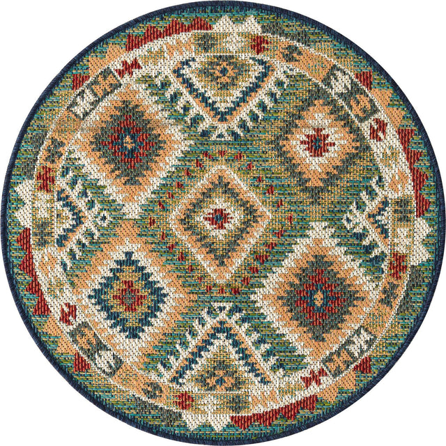 Green 3' 3 x 3' 3 Baja Outdoor Round Area Rug Weather Resistant for Patio, Deck, Terrace, Balcony, Porch 100% Polypropylene Modern Outside Decor for Sale at Rug Engine