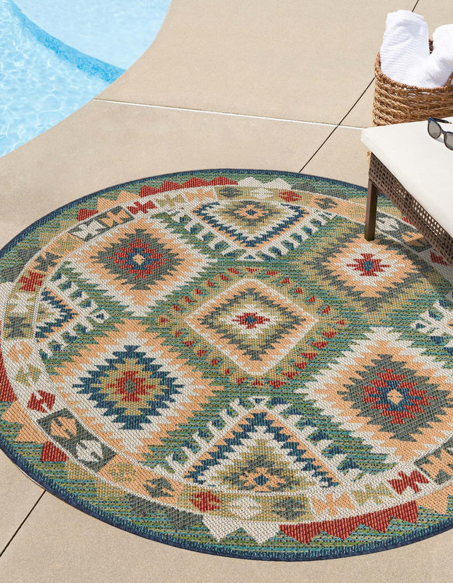 Green 3' 3 x 3' 3 Baja Outdoor Round Area Rug Weather Resistant for Patio, Deck, Terrace, Balcony, Porch 100% Polypropylene Modern Outside Decor for Sale at Rug Engine