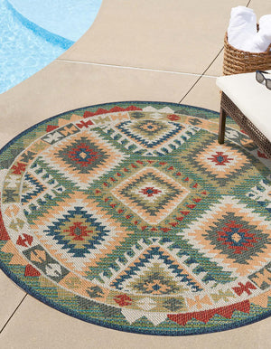 Green 7' 10 x 7' 10 Baja Outdoor Round Area Rug Weather Resistant for Patio, Deck, Terrace, Balcony, Porch 100% Polypropylene Modern Outside Decor for Sale at Rug Engine