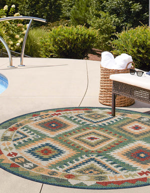 Green 3' 3 x 3' 3 Baja Outdoor Round Area Rug Weather Resistant for Patio, Deck, Terrace, Balcony, Porch 100% Polypropylene Modern Outside Decor for Sale at Rug Engine