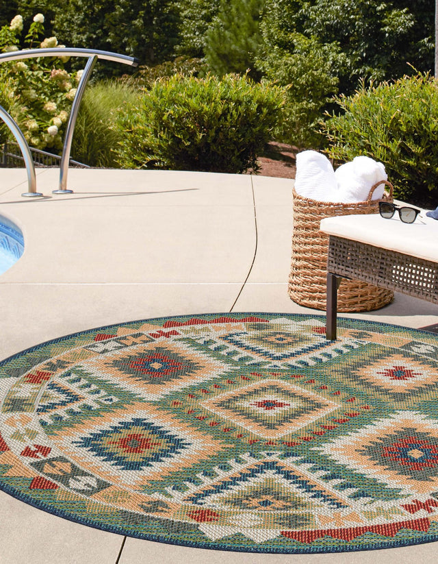 Green 7' 10 x 7' 10 Baja Outdoor Round Area Rug Weather Resistant for Patio, Deck, Terrace, Balcony, Porch 100% Polypropylene Modern Outside Decor for Sale at Rug Engine