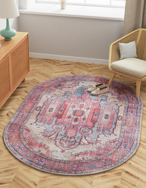 Washable Beige 5' 3 x 8' Maahru Oval Area Rug Easy to Clean Stain Resistant & Durable Polyester Chenille Carpet for Living, Dining, Bedrooms, Kitchen for Sale at Rug Engine