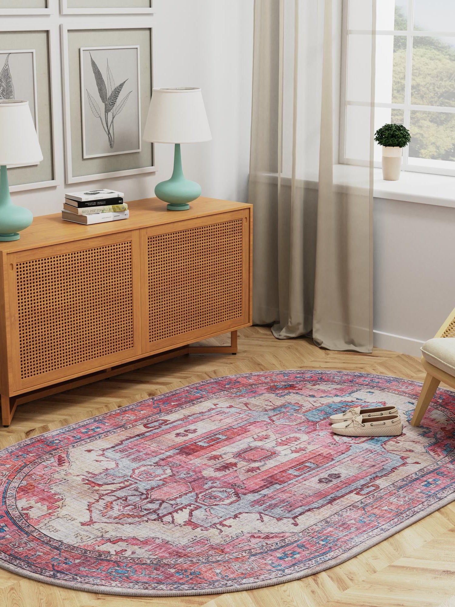 Washable Beige 4' 1 x 6' 1 Maahru Oval Area Rug Easy to Clean Stain Resistant & Durable Polyester Chenille Carpet for Living, Dining, Bedrooms, Kitchen for Sale at Rug Engine
