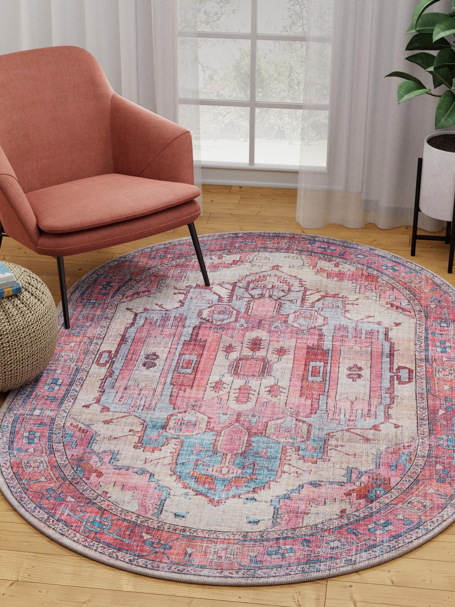 Washable Beige 5' 3 x 8' Maahru Oval Area Rug Easy to Clean Stain Resistant & Durable Polyester Chenille Carpet for Living, Dining, Bedrooms, Kitchen for Sale at Rug Engine