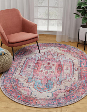 Washable Beige 5' 3 x 8' Maahru Oval Area Rug Easy to Clean Stain Resistant & Durable Polyester Chenille Carpet for Living, Dining, Bedrooms, Kitchen for Sale at Rug Engine