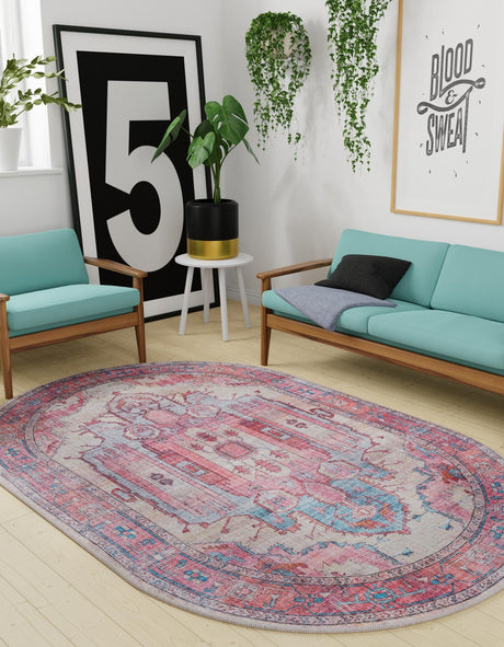 Washable Beige 2' x 3' 1 Maahru Oval Area Rug Easy to Clean Stain Resistant & Durable Polyester Chenille Carpet for Living, Dining, Bedrooms, Kitchen for Sale at Rug Engine