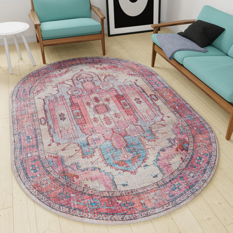 Washable Beige 2' x 3' 1 Maahru Oval Area Rug Easy to Clean Stain Resistant & Durable Polyester Chenille Carpet for Living, Dining, Bedrooms, Kitchen for Sale at Rug Engine
