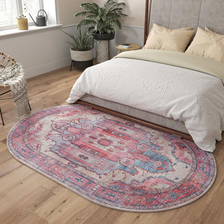 Washable Beige 2' x 3' 1 Maahru Oval Area Rug Easy to Clean Stain Resistant & Durable Polyester Chenille Carpet for Living, Dining, Bedrooms, Kitchen for Sale at Rug Engine