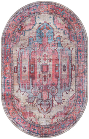 Washable Beige 5' 3 x 8' Maahru Oval Area Rug Easy to Clean Stain Resistant & Durable Polyester Chenille Carpet for Living, Dining, Bedrooms, Kitchen for Sale at Rug Engine
