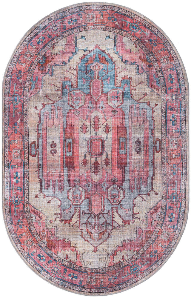 Washable Beige 5' 3 x 8' Maahru Oval Area Rug Easy to Clean Stain Resistant & Durable Polyester Chenille Carpet for Living, Dining, Bedrooms, Kitchen for Sale at Rug Engine