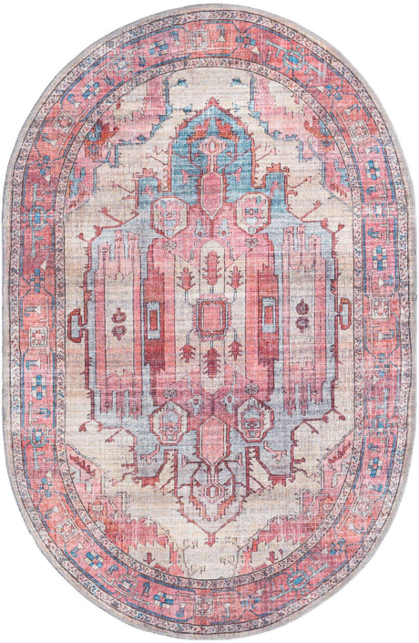 Washable Beige 4' 1 x 6' 1 Maahru Oval Area Rug Easy to Clean Stain Resistant & Durable Polyester Chenille Carpet for Living, Dining, Bedrooms, Kitchen for Sale at Rug Engine