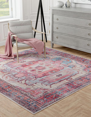 Washable Beige 7' 3 x 7' 3 Maahru Square Area Rug Easy to Clean Stain Resistant & Durable Polyester Chenille Carpet for Living, Dining, Bedrooms, Kitchen for Sale at Rug Engine