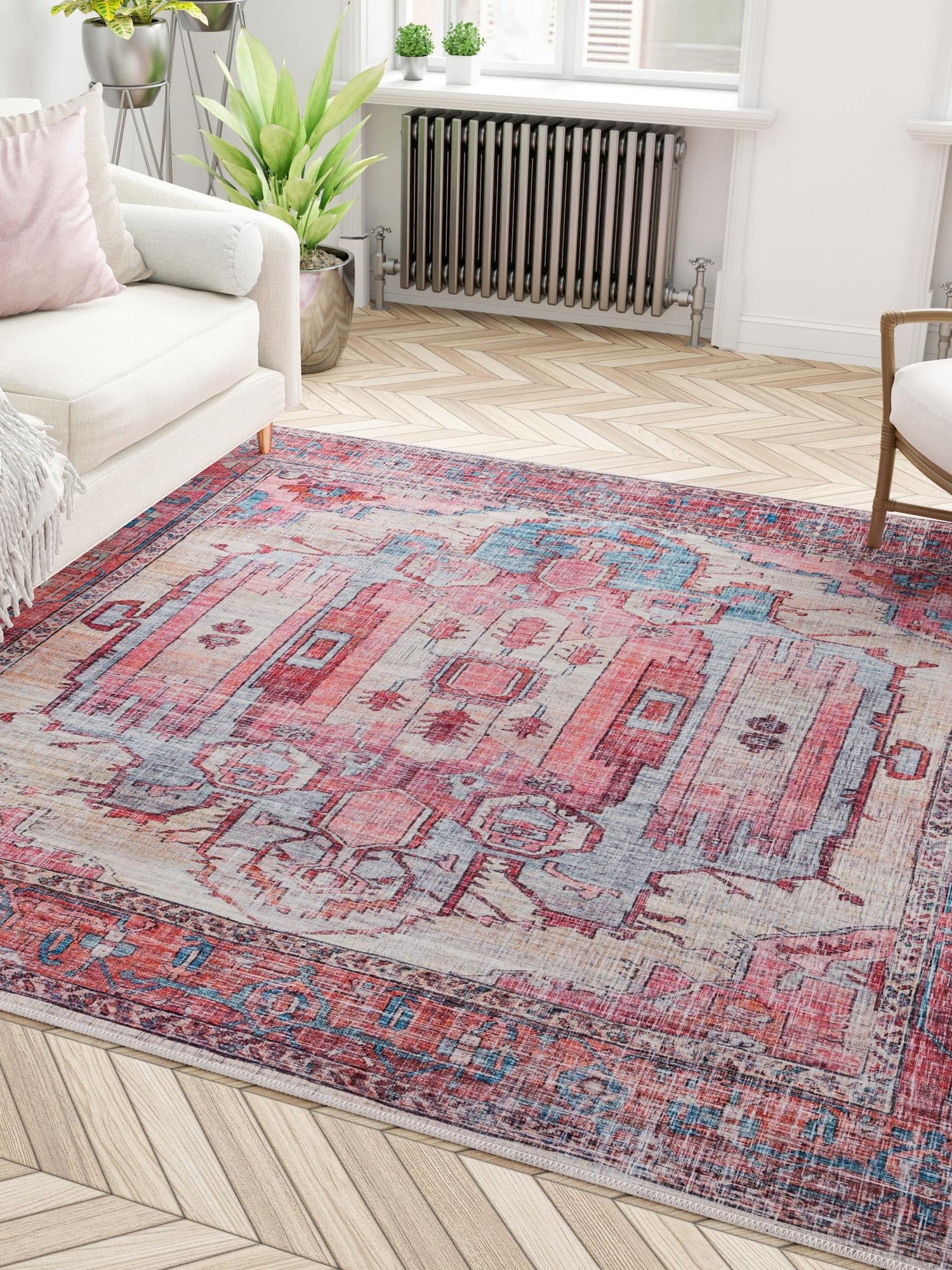 Washable Beige 7' 10 x 7' 10 Maahru Square Area Rug Easy to Clean Stain Resistant & Durable Polyester Chenille Carpet for Living, Dining, Bedrooms, Kitchen for Sale at Rug Engine