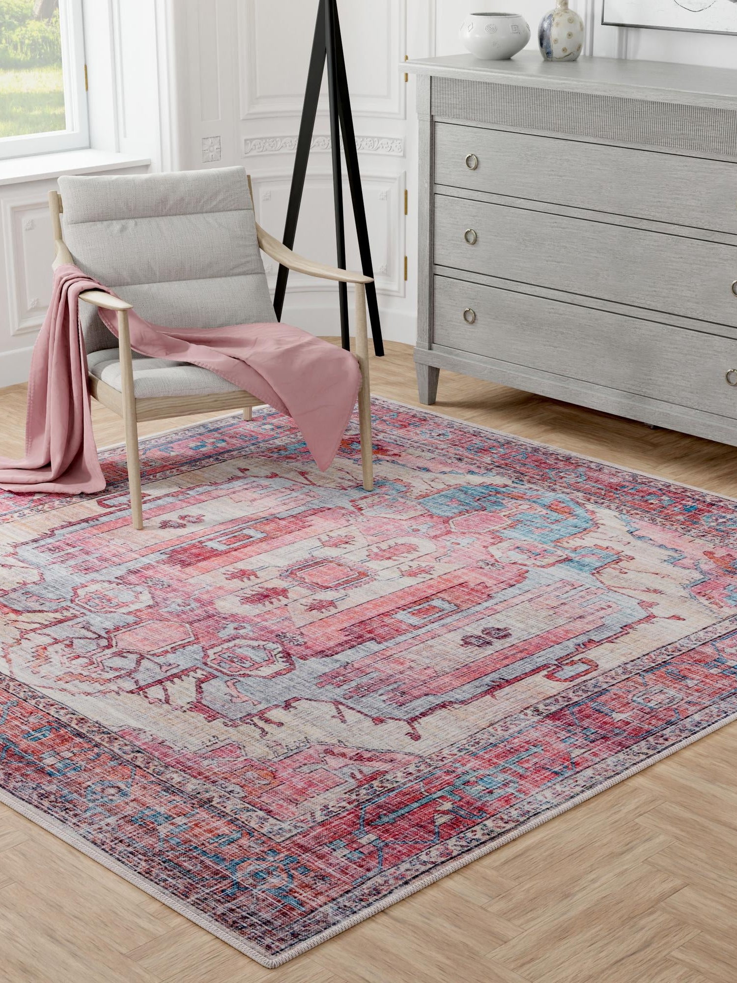 Washable Beige 7' 10 x 7' 10 Maahru Square Area Rug Easy to Clean Stain Resistant & Durable Polyester Chenille Carpet for Living, Dining, Bedrooms, Kitchen for Sale at Rug Engine