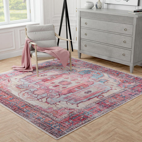 Washable Beige 7' 10 x 7' 10 Maahru Square Area Rug Easy to Clean Stain Resistant & Durable Polyester Chenille Carpet for Living, Dining, Bedrooms, Kitchen for Sale at Rug Engine