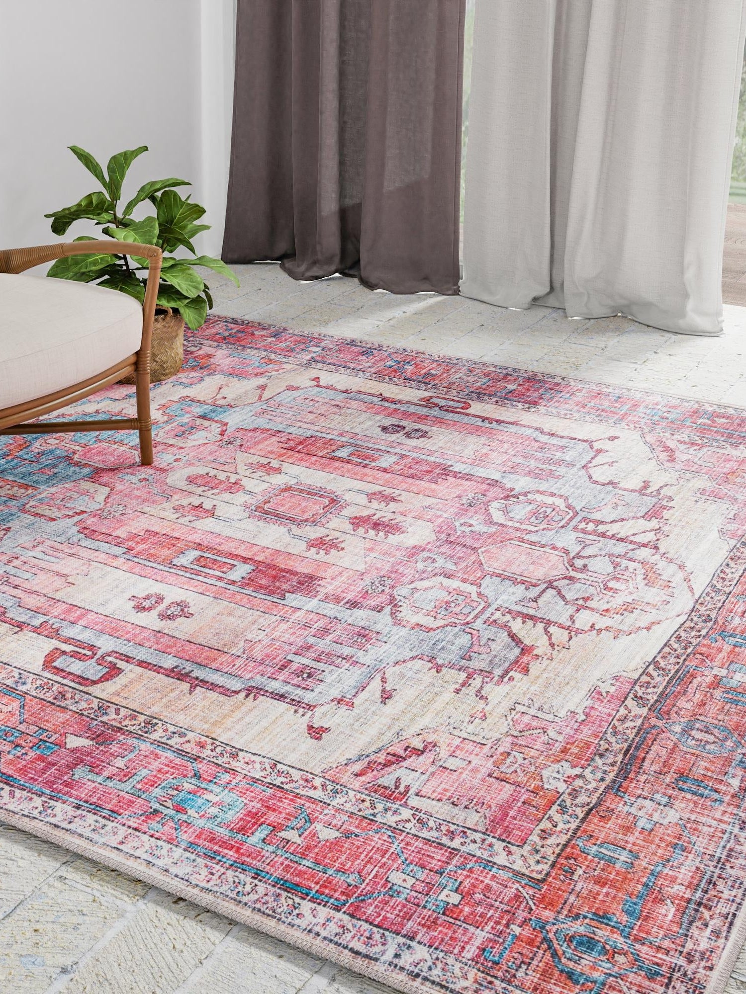 Washable Beige 7' 10 x 7' 10 Maahru Square Area Rug Easy to Clean Stain Resistant & Durable Polyester Chenille Carpet for Living, Dining, Bedrooms, Kitchen for Sale at Rug Engine