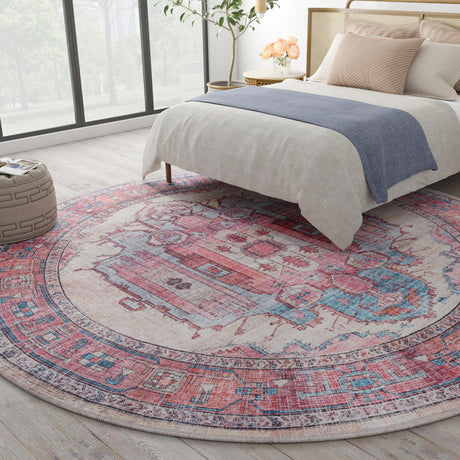 Washable Beige 10' 6 x 10' 6 Maahru Round Area Rug Easy to Clean Stain Resistant & Durable Polyester Chenille Carpet for Living, Dining, Bedrooms, Kitchen for Sale at Rug Engine