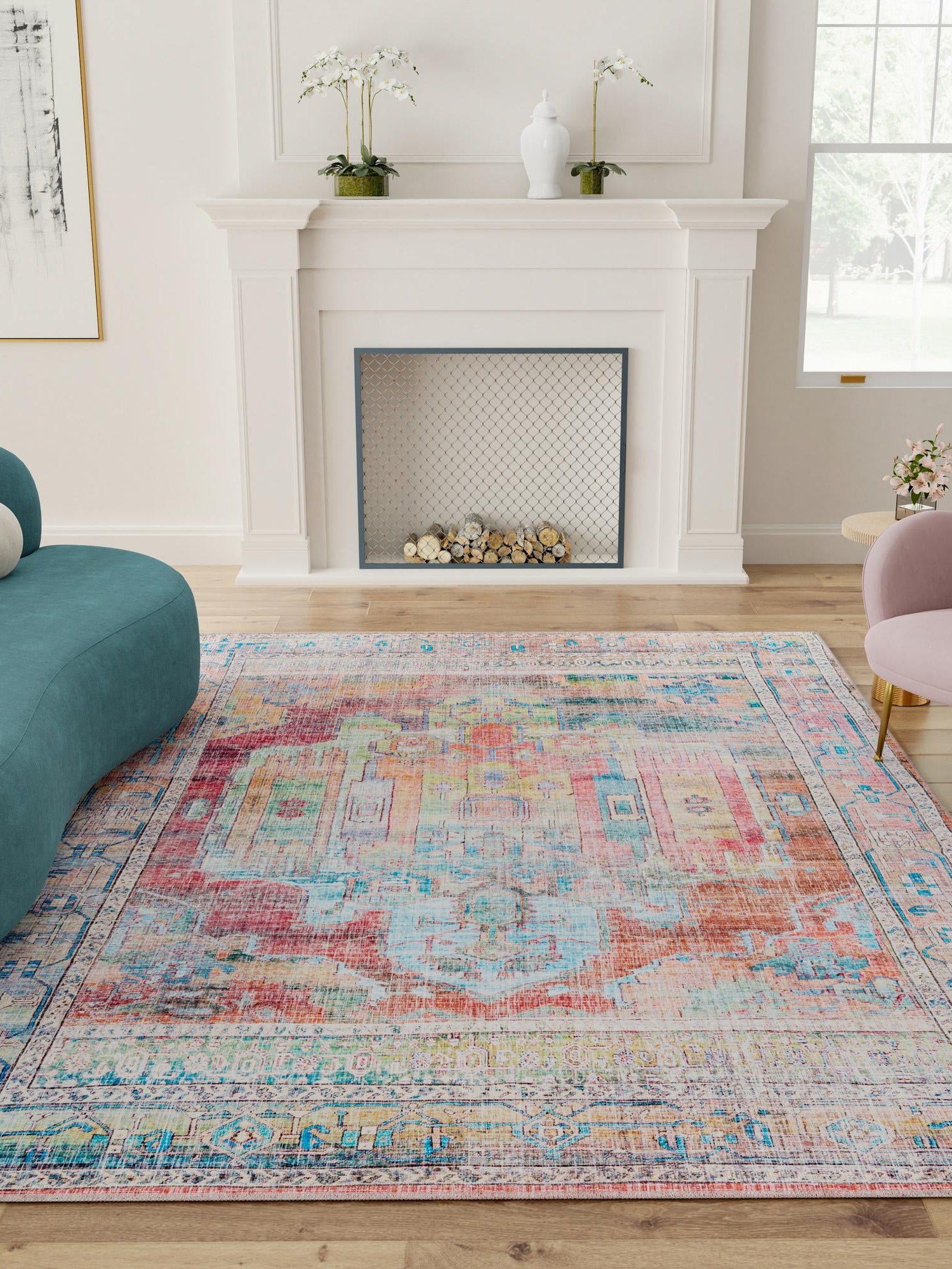 Washable Multicolor 5' 3 x 8' Maahru Rectangle Area Rug Easy to Clean Stain Resistant & Durable Polyester Chenille Carpet for Living, Dining, Bedrooms, Kitchen for Sale at Rug Engine