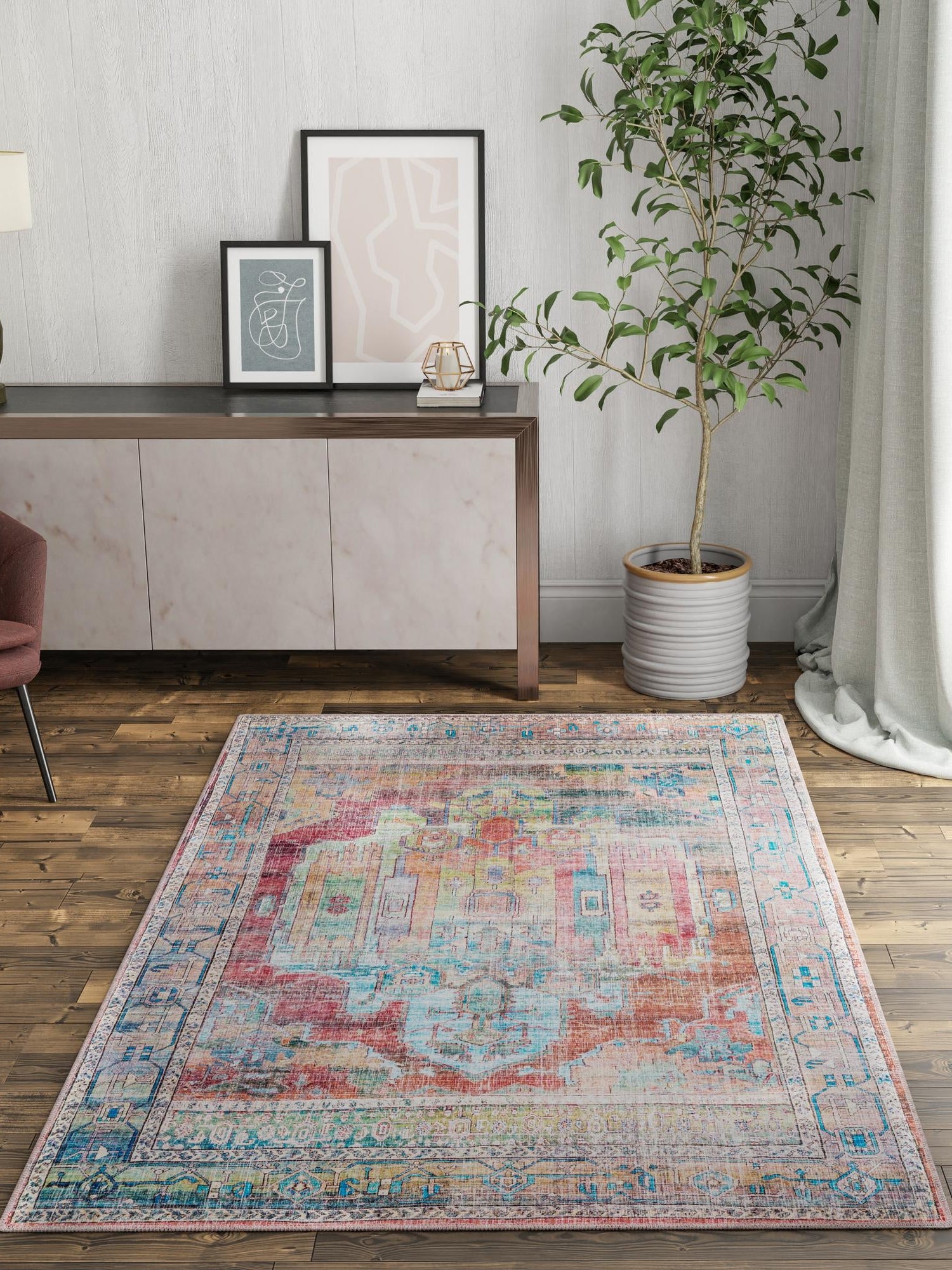 Washable Multicolor 5' 3 x 8' Maahru Rectangle Area Rug Easy to Clean Stain Resistant & Durable Polyester Chenille Carpet for Living, Dining, Bedrooms, Kitchen for Sale at Rug Engine
