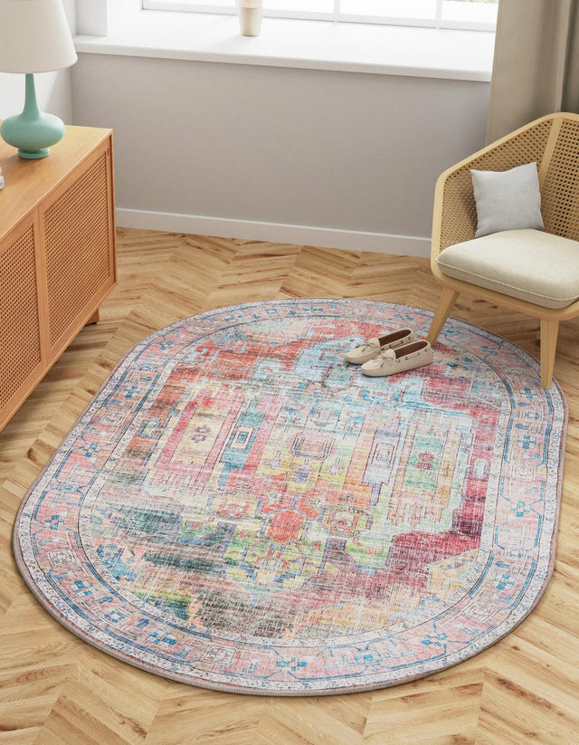 Washable Multicolor 3' 3 x 5' 3 Maahru Oval Area Rug Easy to Clean Stain Resistant & Durable Polyester Chenille Carpet for Living, Dining, Bedrooms, Kitchen for Sale at Rug Engine