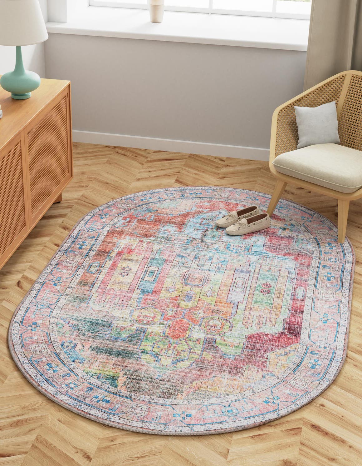 Washable Multicolor 4' 1 x 6' 1 Maahru Oval Area Rug Easy to Clean Stain Resistant & Durable Polyester Chenille Carpet for Living, Dining, Bedrooms, Kitchen for Sale at Rug Engine