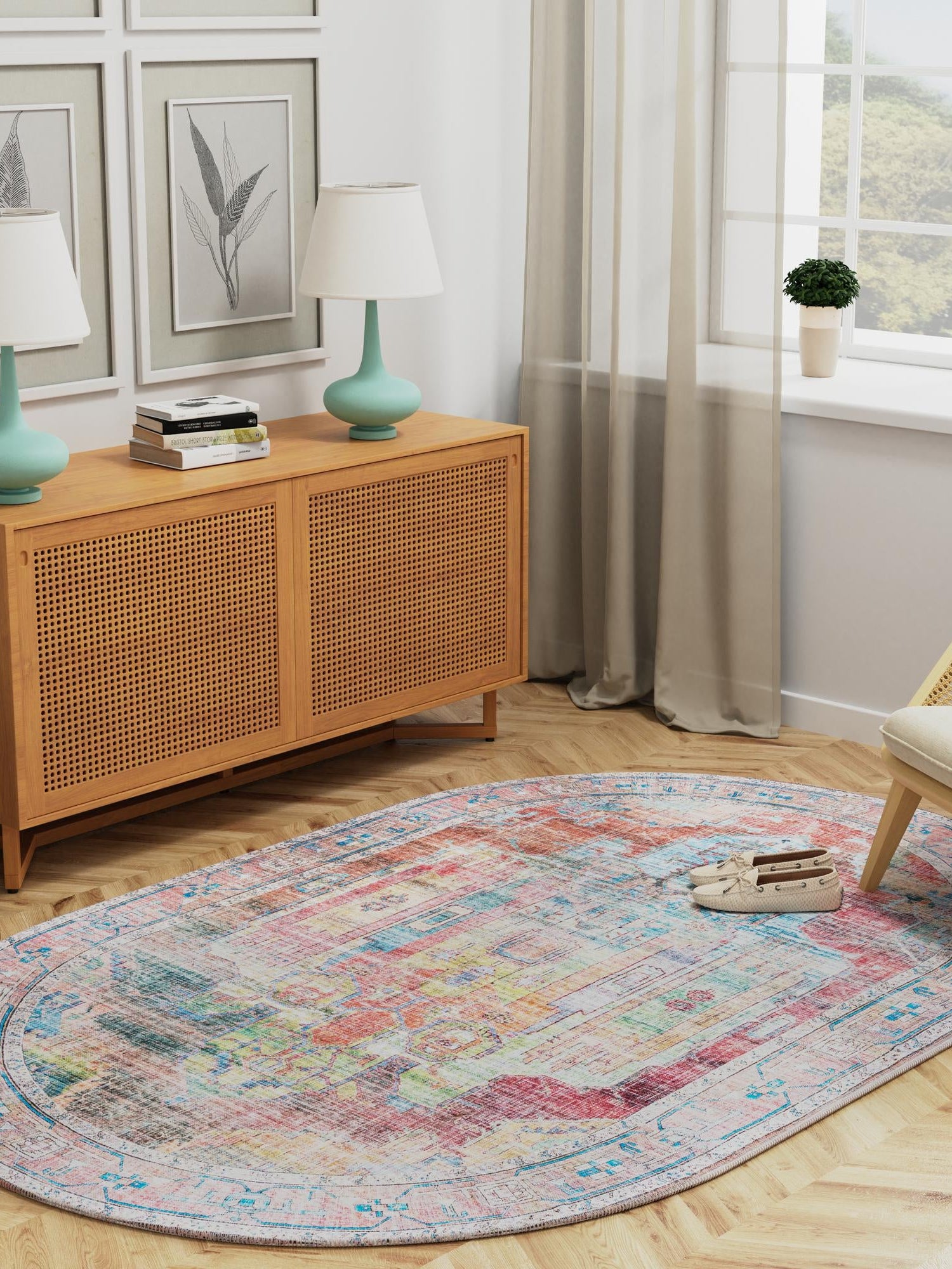 Washable Multicolor 4' 1 x 6' 1 Maahru Oval Area Rug Easy to Clean Stain Resistant & Durable Polyester Chenille Carpet for Living, Dining, Bedrooms, Kitchen for Sale at Rug Engine