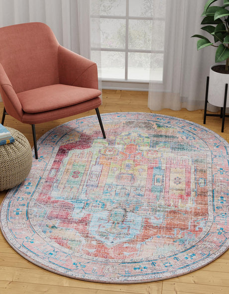 Washable Multicolor 5' 3 x 8' Maahru Oval Area Rug Easy to Clean Stain Resistant & Durable Polyester Chenille Carpet for Living, Dining, Bedrooms, Kitchen for Sale at Rug Engine