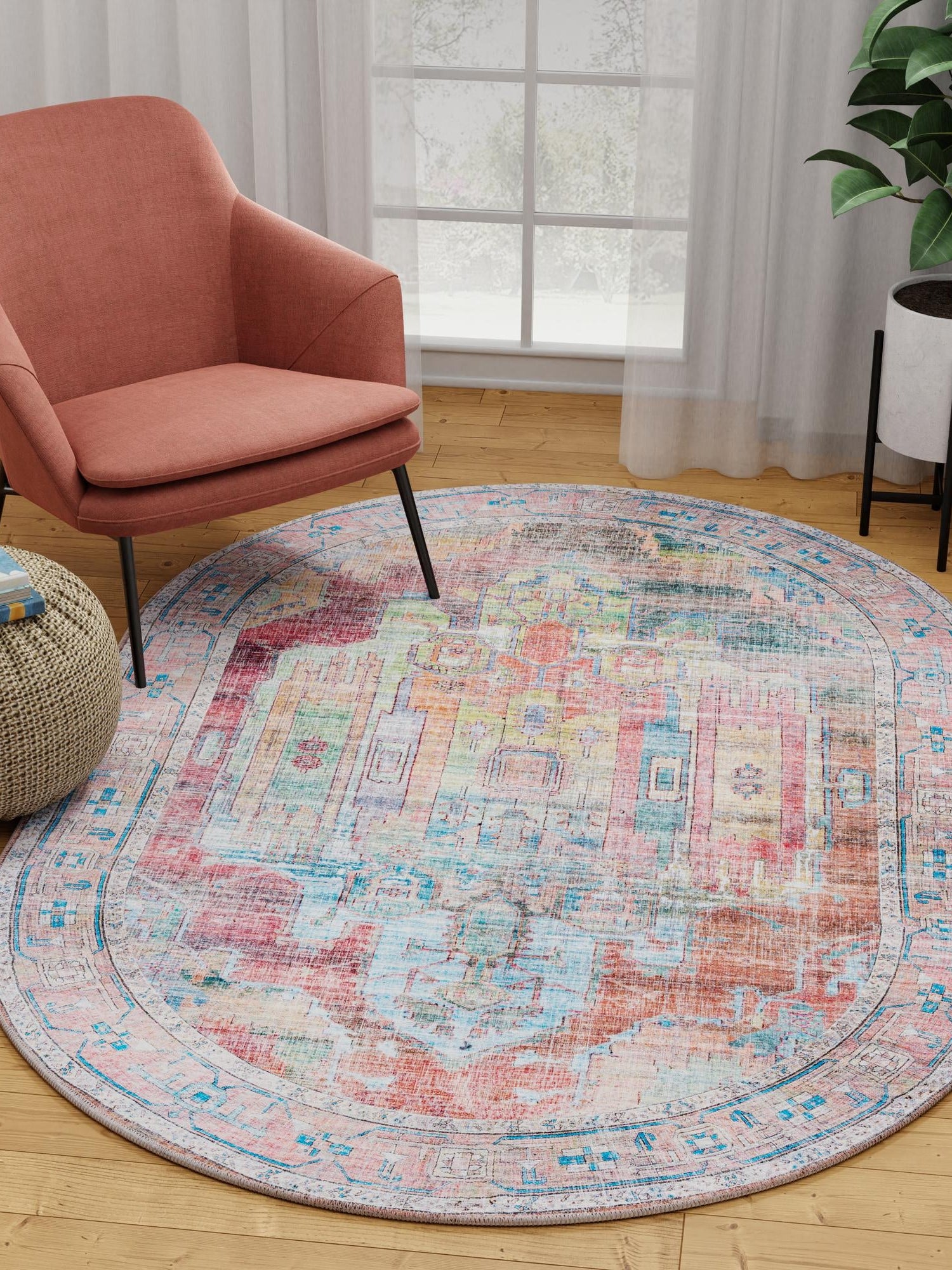 Washable Multicolor 4' 1 x 6' 1 Maahru Oval Area Rug Easy to Clean Stain Resistant & Durable Polyester Chenille Carpet for Living, Dining, Bedrooms, Kitchen for Sale at Rug Engine