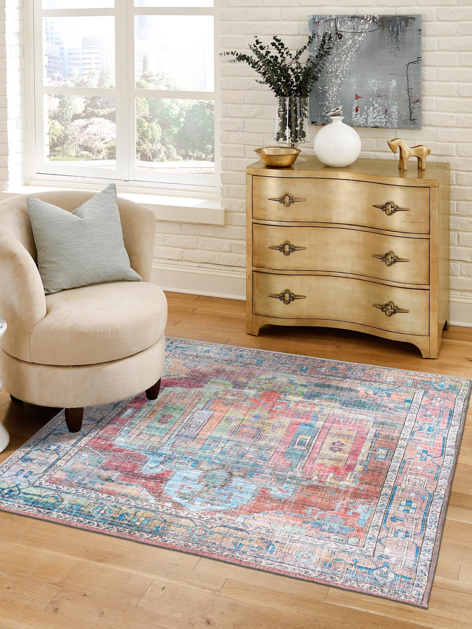 Washable Multicolor 7' 10 x 7' 10 Maahru Square Area Rug Easy to Clean Stain Resistant & Durable Polyester Chenille Carpet for Living, Dining, Bedrooms, Kitchen for Sale at Rug Engine