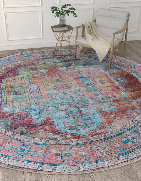 Washable Multicolor 7' 10 x 7' 10 Maahru Round Area Rug Easy to Clean Stain Resistant & Durable Polyester Chenille Carpet for Living, Dining, Bedrooms, Kitchen for Sale at Rug Engine