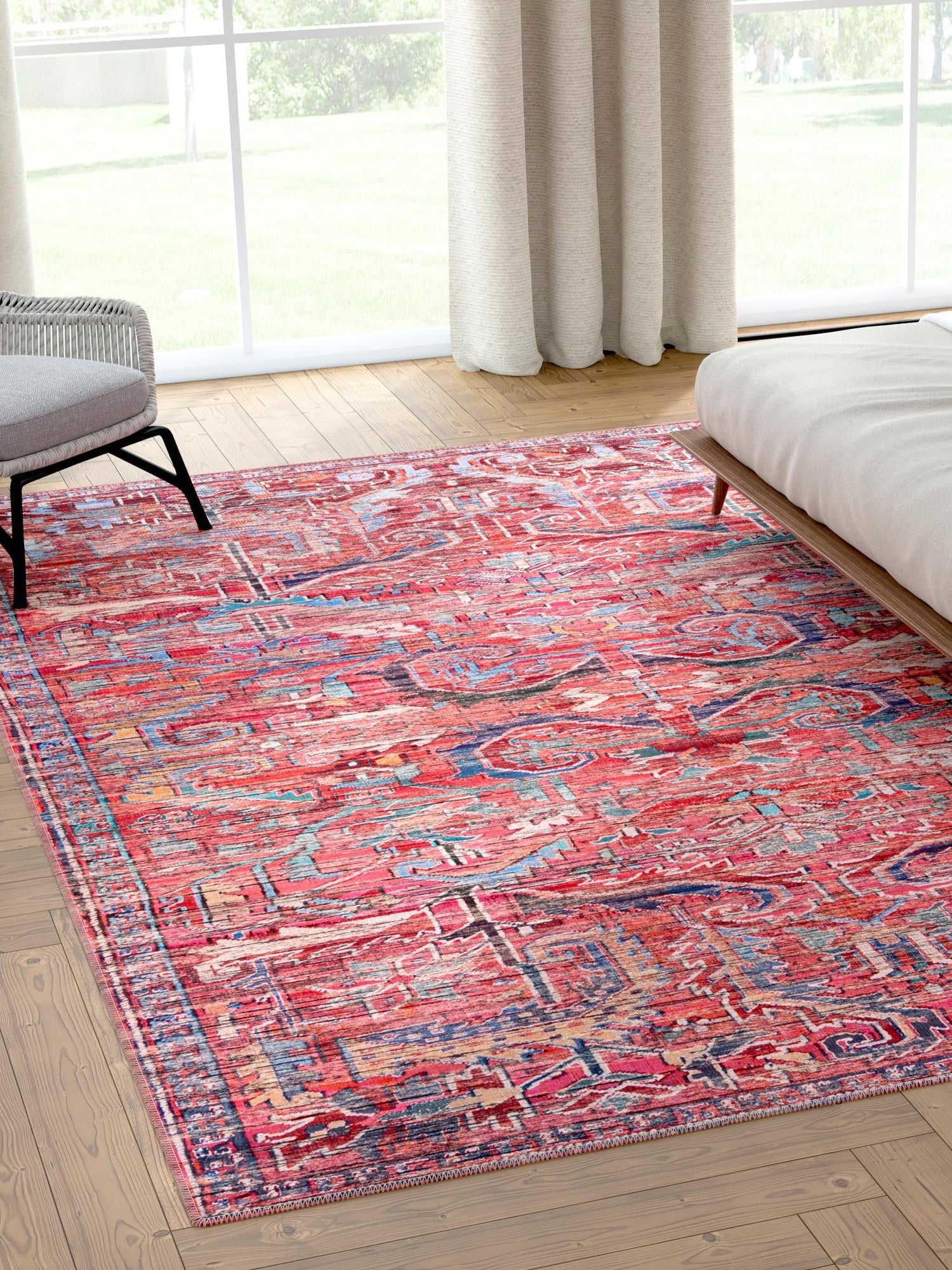Washable Rust Red 7' 10 x 10' Maahru Rectangle Area Rug Easy to Clean Stain Resistant & Durable Polyester Chenille Carpet for Living, Dining, Bedrooms, Kitchen for Sale at Rug Engine