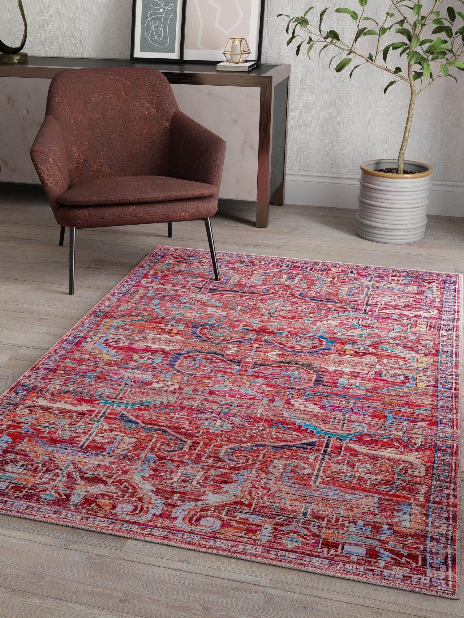 Washable Rust Red 7' 3 x 10' Maahru Rectangle Area Rug Easy to Clean Stain Resistant & Durable Polyester Chenille Carpet for Living, Dining, Bedrooms, Kitchen for Sale at Rug Engine
