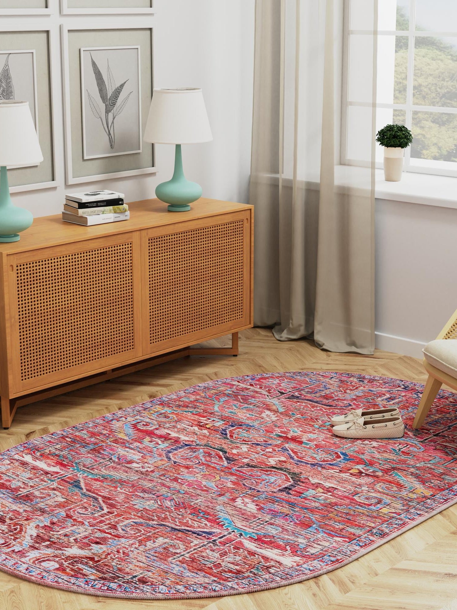 Washable Rust Red 2' x 3' 1 Maahru Oval Area Rug Easy to Clean Stain Resistant & Durable Polyester Chenille Carpet for Living, Dining, Bedrooms, Kitchen for Sale at Rug Engine