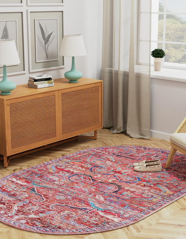 Washable Rust Red 2' x 3' 1 Maahru Oval Area Rug Easy to Clean Stain Resistant & Durable Polyester Chenille Carpet for Living, Dining, Bedrooms, Kitchen for Sale at Rug Engine