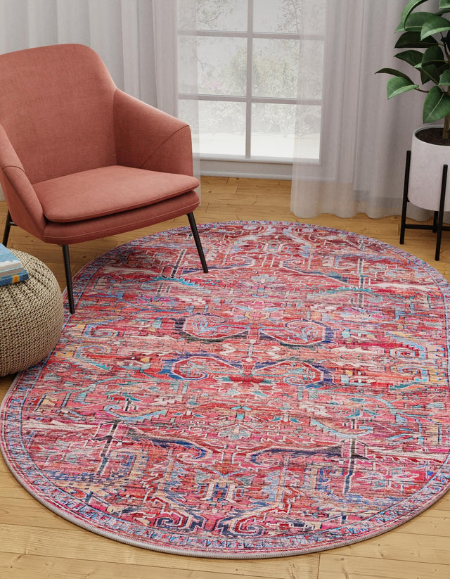 Washable Rust Red 5' 3 x 8' Maahru Oval Area Rug Easy to Clean Stain Resistant & Durable Polyester Chenille Carpet for Living, Dining, Bedrooms, Kitchen for Sale at Rug Engine