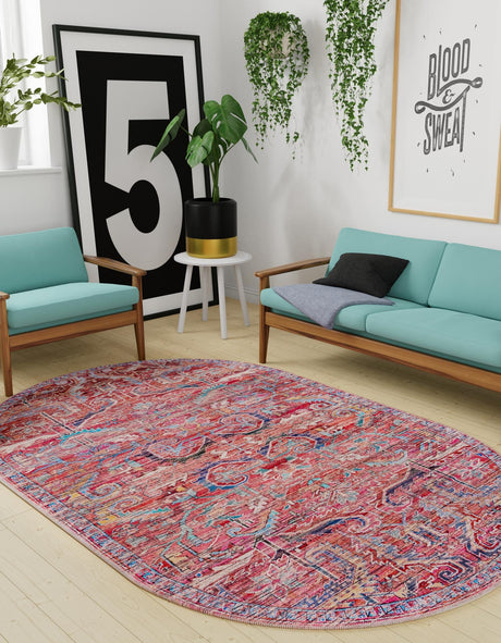 Washable Rust Red 4' 1 x 6' 1 Maahru Oval Area Rug Easy to Clean Stain Resistant & Durable Polyester Chenille Carpet for Living, Dining, Bedrooms, Kitchen for Sale at Rug Engine
