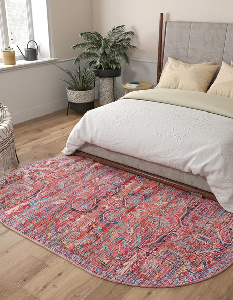 Washable Rust Red 4' 1 x 6' 1 Maahru Oval Area Rug Easy to Clean Stain Resistant & Durable Polyester Chenille Carpet for Living, Dining, Bedrooms, Kitchen for Sale at Rug Engine