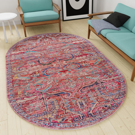 Washable Rust Red 4' 1 x 6' 1 Maahru Oval Area Rug Easy to Clean Stain Resistant & Durable Polyester Chenille Carpet for Living, Dining, Bedrooms, Kitchen for Sale at Rug Engine