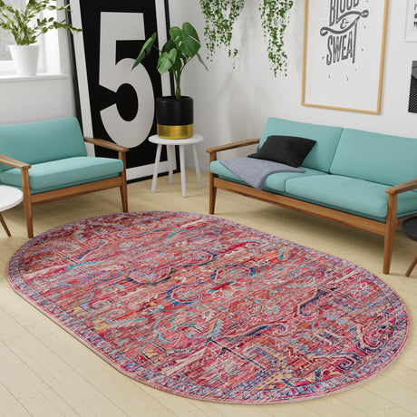 Washable Rust Red 4' 1 x 6' 1 Maahru Oval Area Rug Easy to Clean Stain Resistant & Durable Polyester Chenille Carpet for Living, Dining, Bedrooms, Kitchen for Sale at Rug Engine