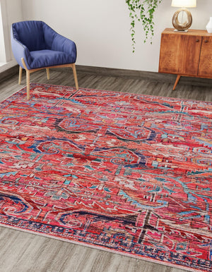 Washable Rust Red 7' 3 x 7' 3 Maahru Square Area Rug Easy to Clean Stain Resistant & Durable Polyester Chenille Carpet for Living, Dining, Bedrooms, Kitchen for Sale at Rug Engine
