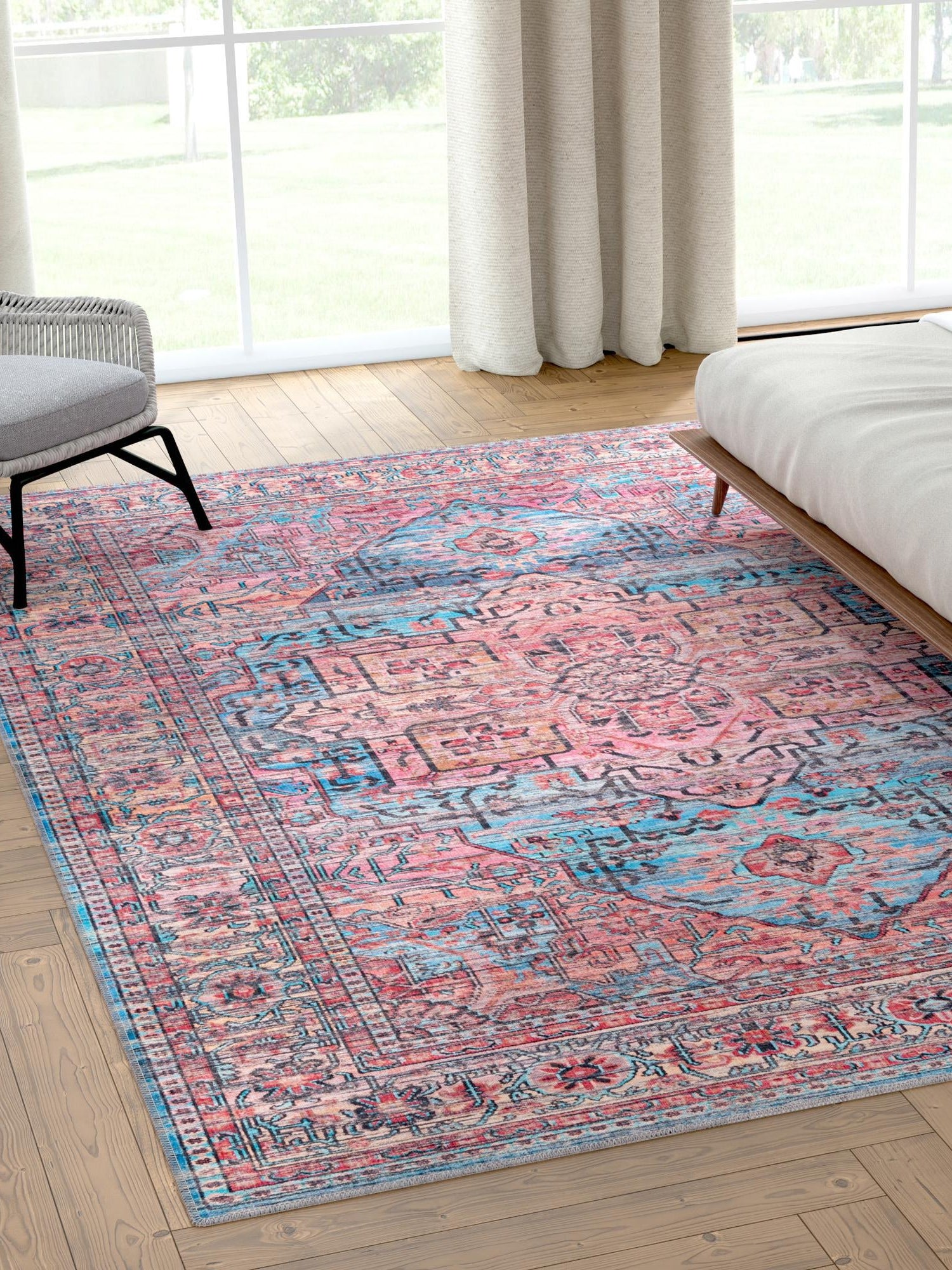 Washable Blue 10' 6 x 13' 1 Maahru Rectangle Area Rug Easy to Clean Stain Resistant & Durable Polyester Chenille Carpet for Living, Dining, Bedrooms, Kitchen for Sale at Rug Engine