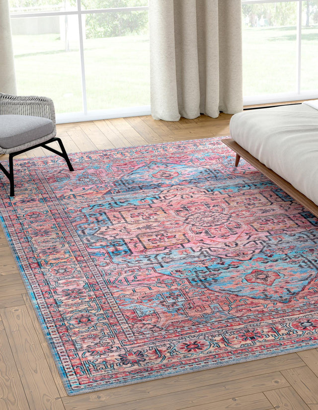 Washable Blue 4' 1 x 6' 1 Maahru Rectangle Area Rug Easy to Clean Stain Resistant & Durable Polyester Chenille Carpet for Living, Dining, Bedrooms, Kitchen for Sale at Rug Engine