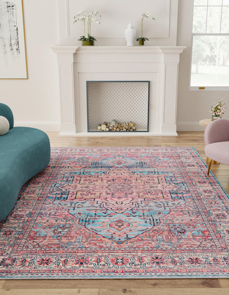 Washable Blue 2' x 3' 1 Maahru Rectangle Area Rug Easy to Clean Stain Resistant & Durable Polyester Chenille Carpet for Living, Dining, Bedrooms, Kitchen for Sale at Rug Engine