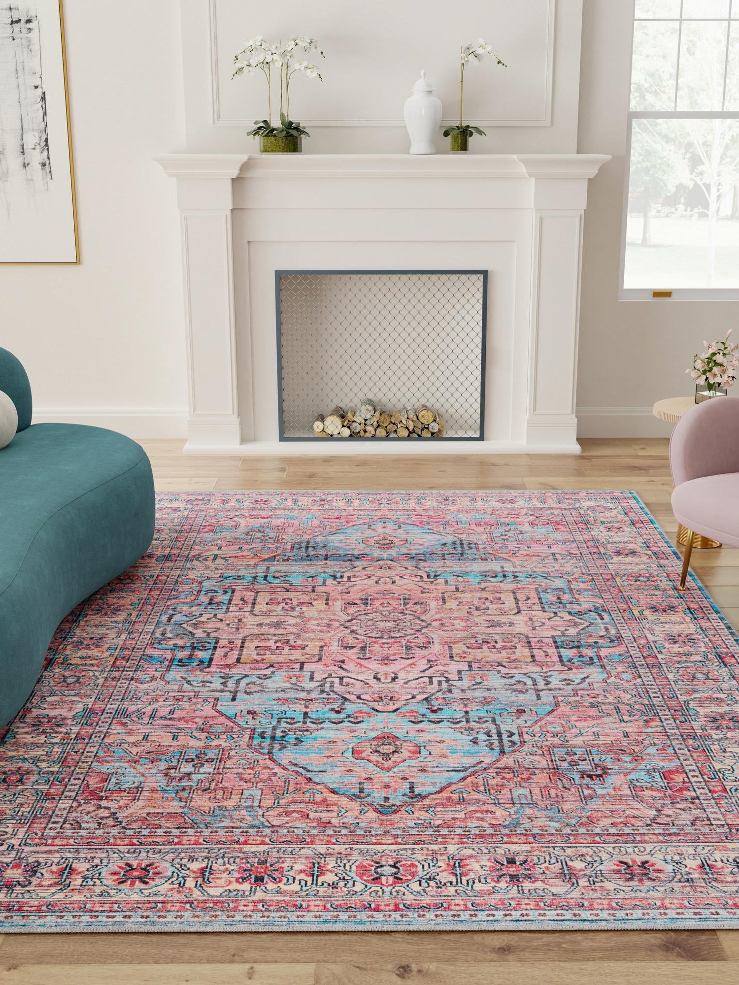 Washable Blue 9' 2 x 12' Maahru Rectangle Area Rug Easy to Clean Stain Resistant & Durable Polyester Chenille Carpet for Living, Dining, Bedrooms, Kitchen for Sale at Rug Engine