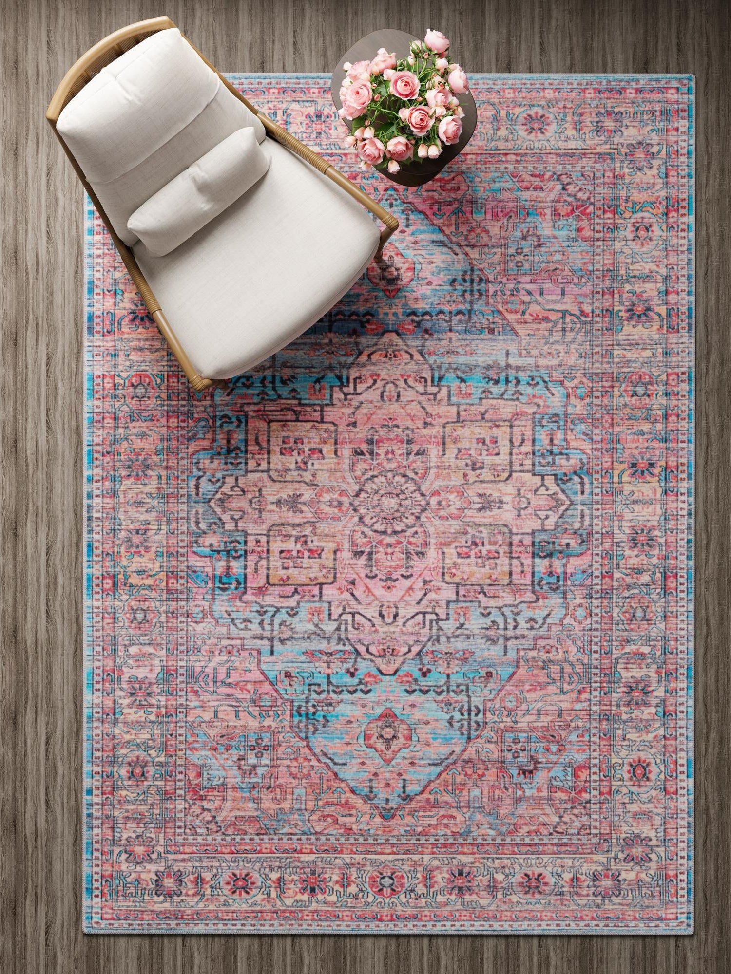Washable Blue 4' 1 x 6' 1 Maahru Rectangle Area Rug Easy to Clean Stain Resistant & Durable Polyester Chenille Carpet for Living, Dining, Bedrooms, Kitchen for Sale at Rug Engine