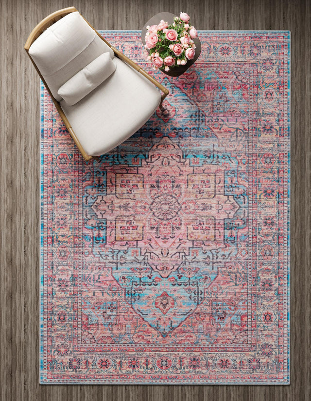 Washable Blue 5' 3 x 8' Maahru Rectangle Area Rug Easy to Clean Stain Resistant & Durable Polyester Chenille Carpet for Living, Dining, Bedrooms, Kitchen for Sale at Rug Engine