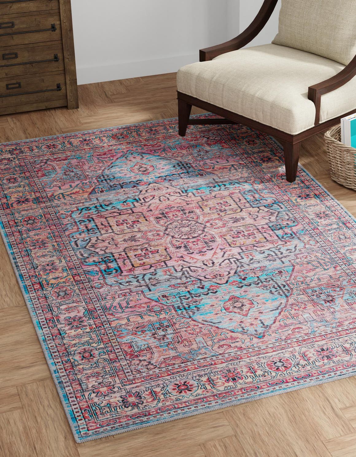 Washable Blue 5' 3 x 8' Maahru Rectangle Area Rug Easy to Clean Stain Resistant & Durable Polyester Chenille Carpet for Living, Dining, Bedrooms, Kitchen for Sale at Rug Engine