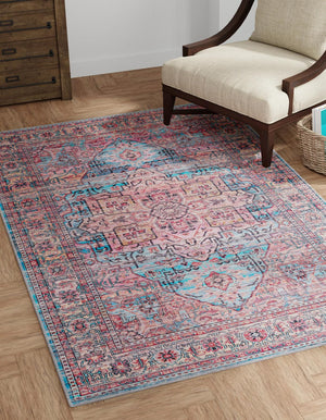 Washable Blue 5' 3 x 8' Maahru Rectangle Area Rug Easy to Clean Stain Resistant & Durable Polyester Chenille Carpet for Living, Dining, Bedrooms, Kitchen for Sale at Rug Engine